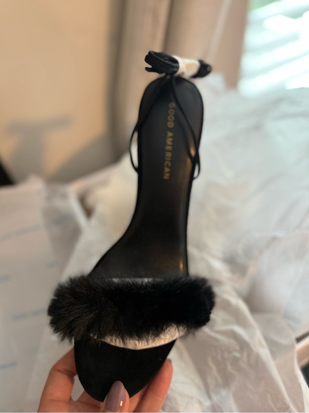 Good American Black Faux Fur Ankle-Strap Heel
